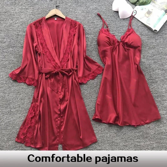 2PCS Female Lace Pajamas Set Satin Home Pyjamamas Lace Robe Sleep Suit V-Neck Wedding Nightwear Silk Dress Women Sleepwear