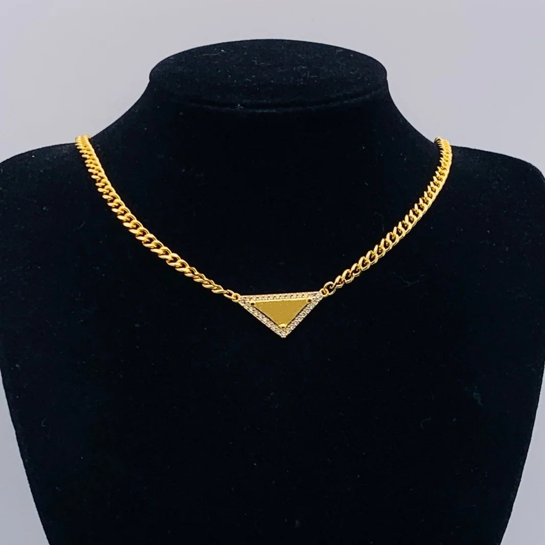 Rhinestone Triangle Pendant with Tassel Silver Tone