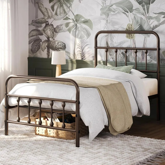 Victorian Style Metal Bed Frame With High Headboard. Bronze. Twin Size