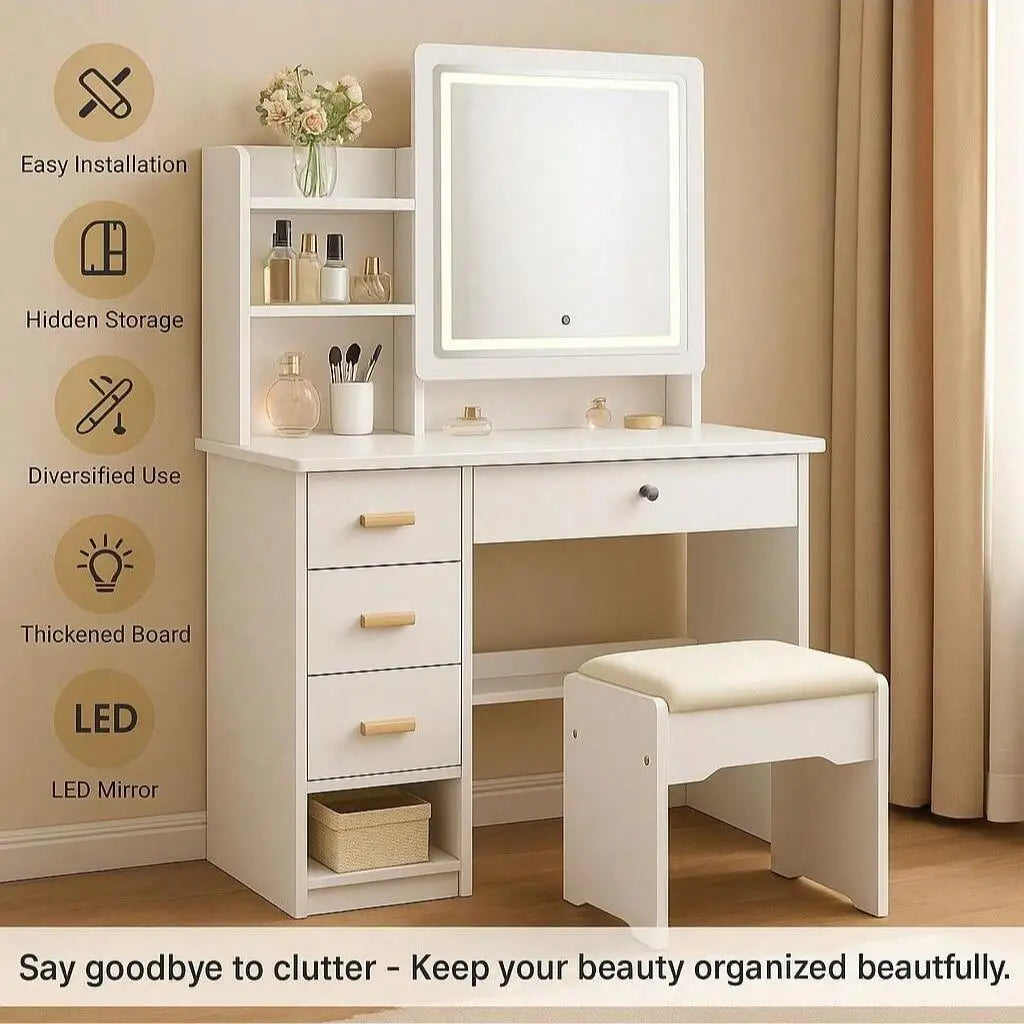 Large Vanity Table Set with LED Mirror, 5 Drawers & Shelves,