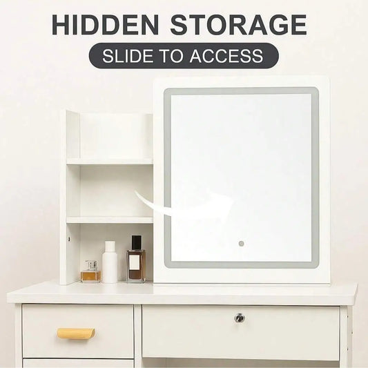 Large Vanity Table Set with LED Mirror, 5 Drawers & Shelves,