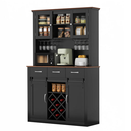 Kitchen Pantry Storage Cabinet with Wine & Glass Racks
