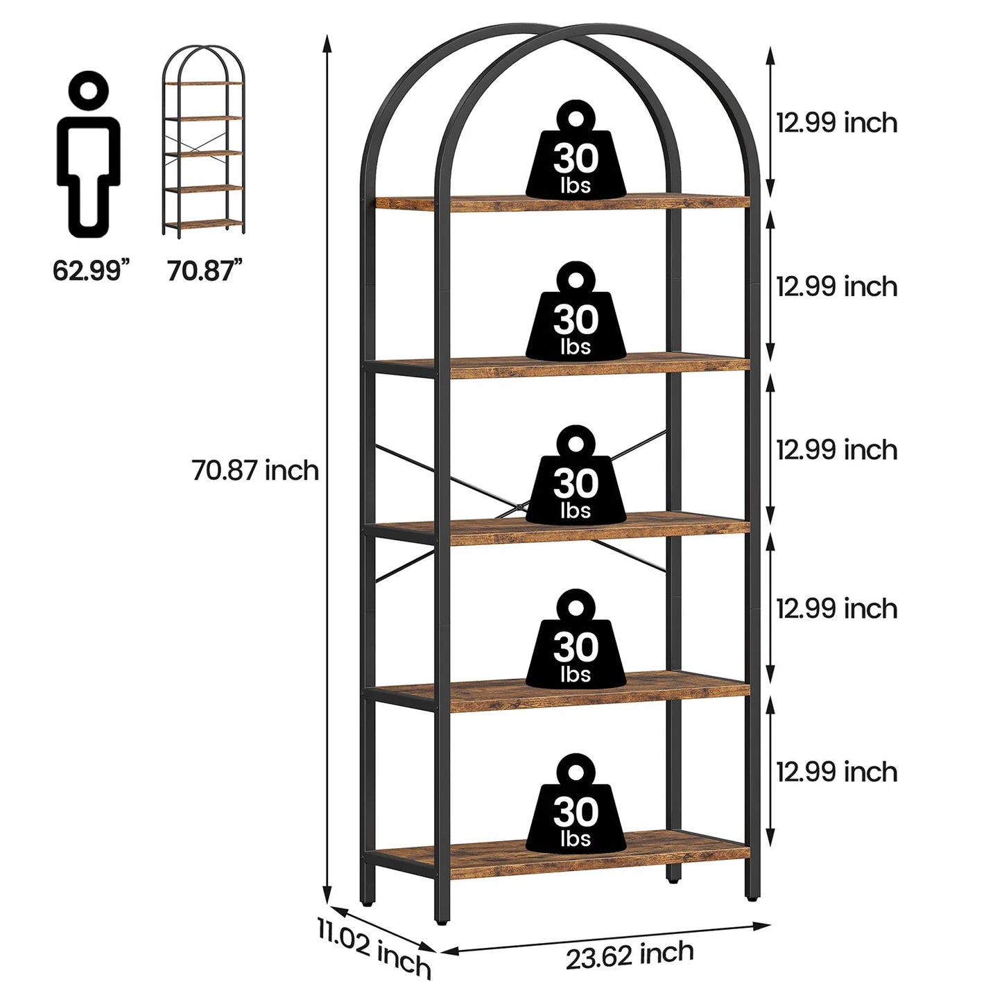 5-Tier Arched Bookshelf, Wooden Storage Shelving Units