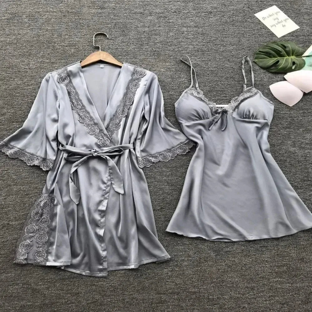 2PCS Female Lace Pajamas Set Satin Home Pyjamamas Lace Robe Sleep Suit V-Neck Wedding Nightwear Silk Dress Women Sleepwear