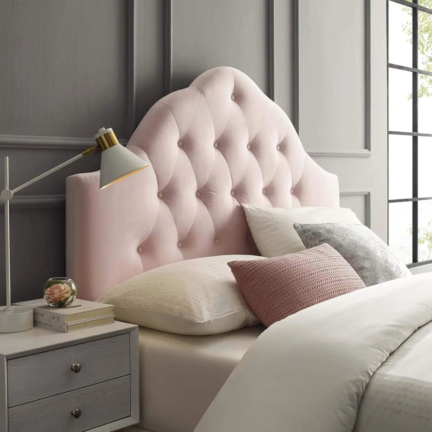 Queen Velvet Headboard with Diamond Tufting,  Pink