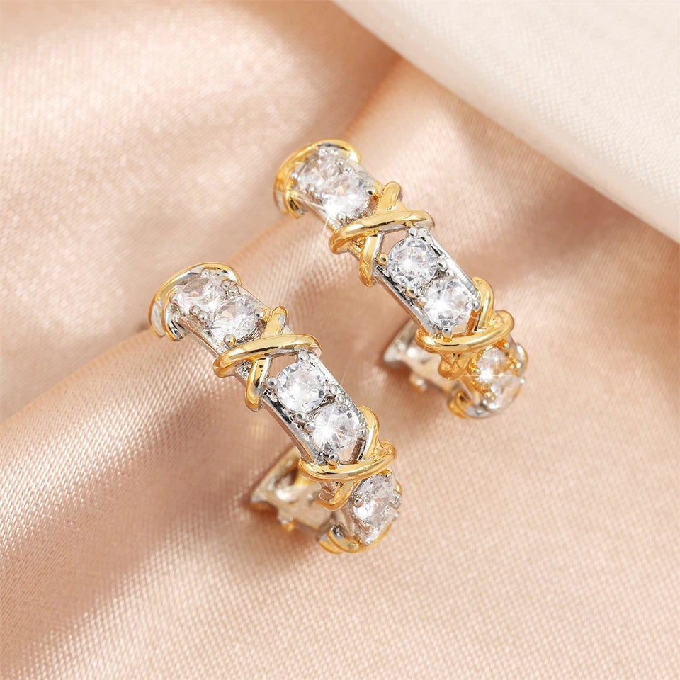 Vintage X-shaped Zircon Circle Hoop Earrings 18K Gold