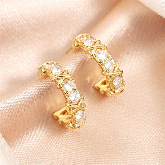 Vintage X-shaped Zircon Circle Hoop Earrings 18K Gold