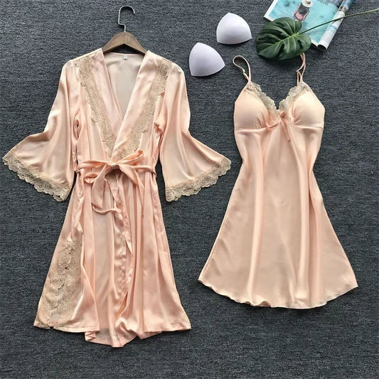 2PCS Female Lace Pajamas Set Satin Home Pyjamamas Lace Robe Sleep Suit V-Neck Wedding Nightwear Silk Dress Women Sleepwear