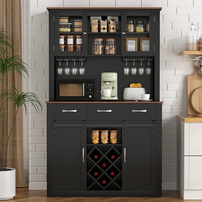 Kitchen Pantry Storage Cabinet with Wine & Glass Racks