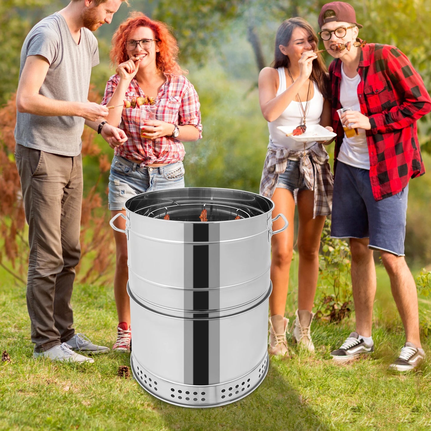 Stainless Steel BBQ Grill Barrel Portable Charcoal Grills 360°