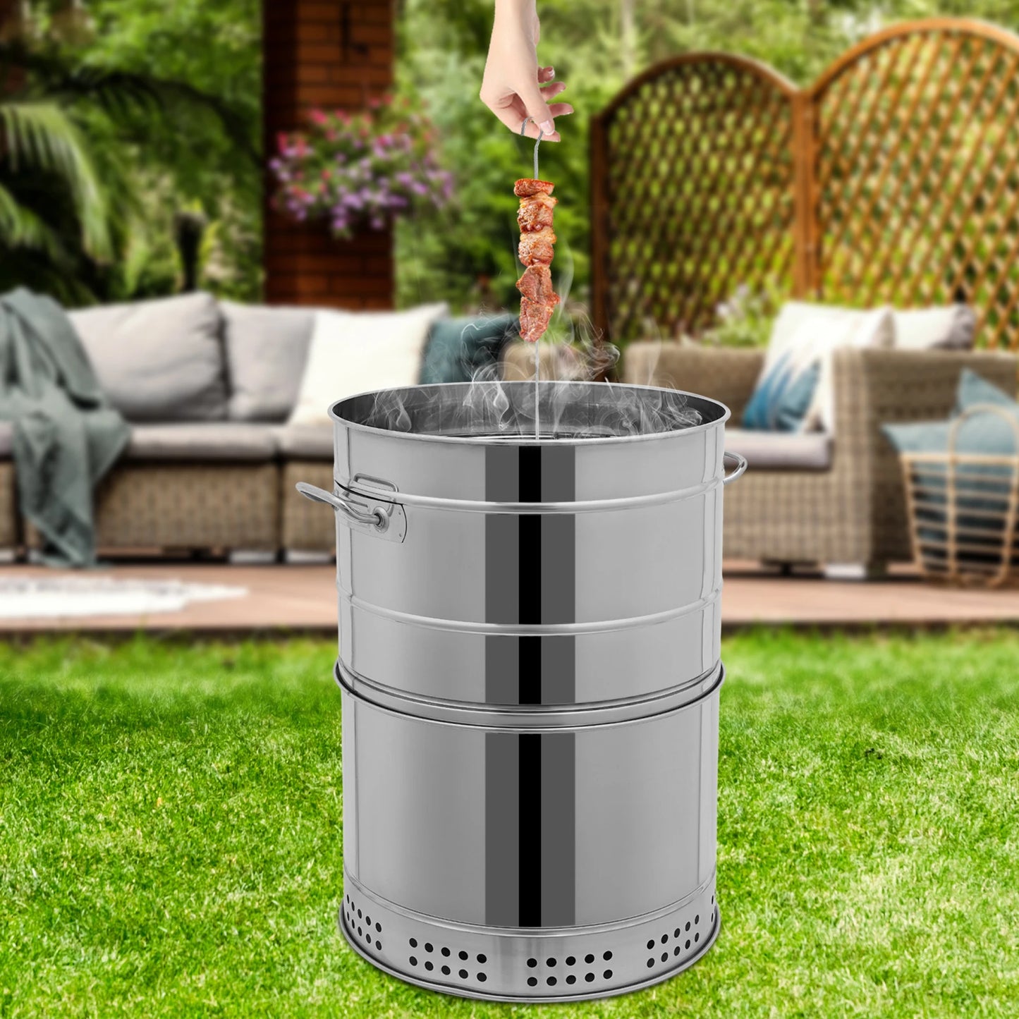 Stainless Steel BBQ Grill Barrel Portable Charcoal Grills 360°