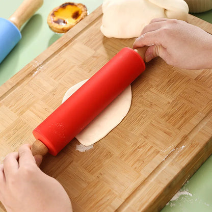 Non-Stick Silicone Rolling Pin Wooden Handle