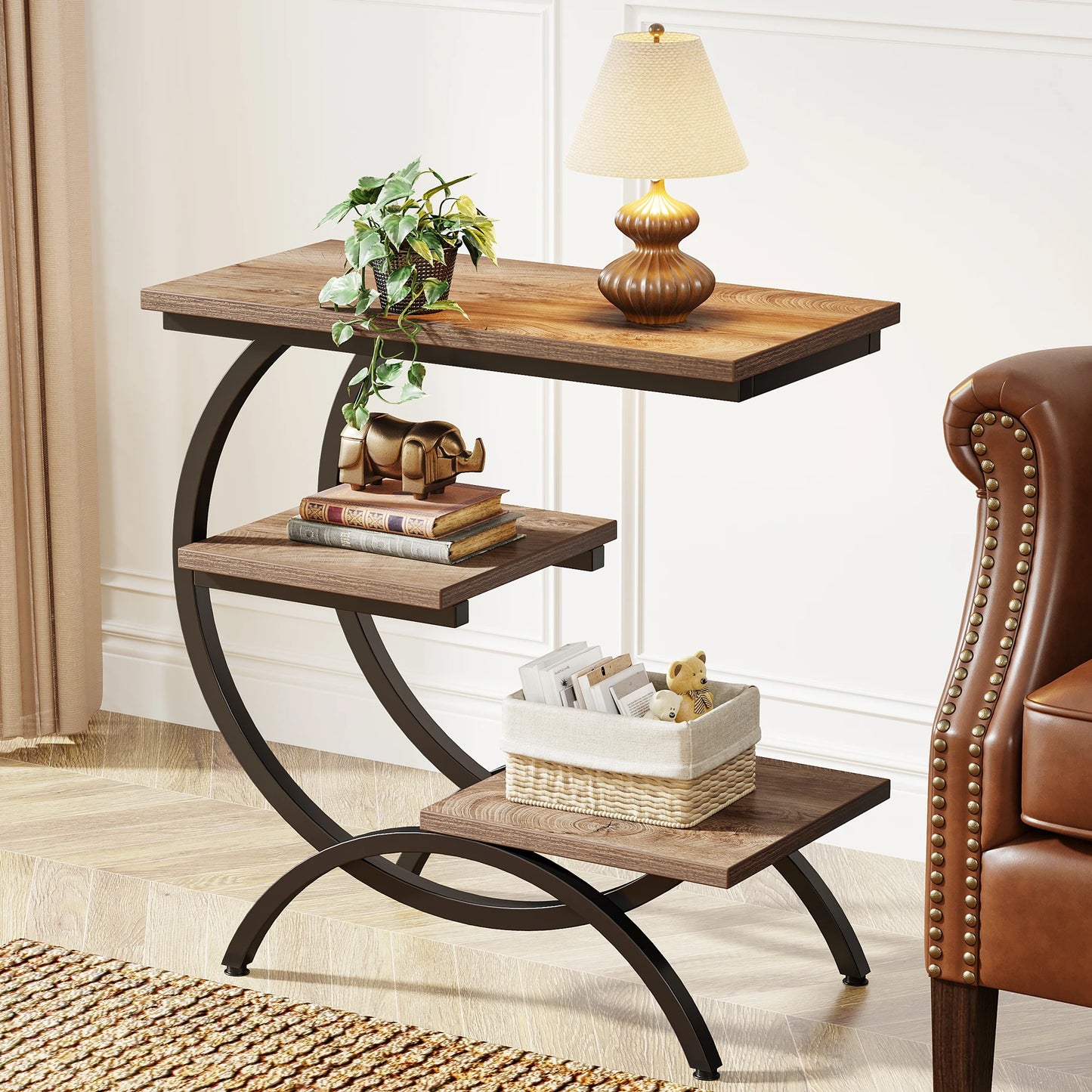 C-Shaped End Table,  3-Tier Storage Shelves