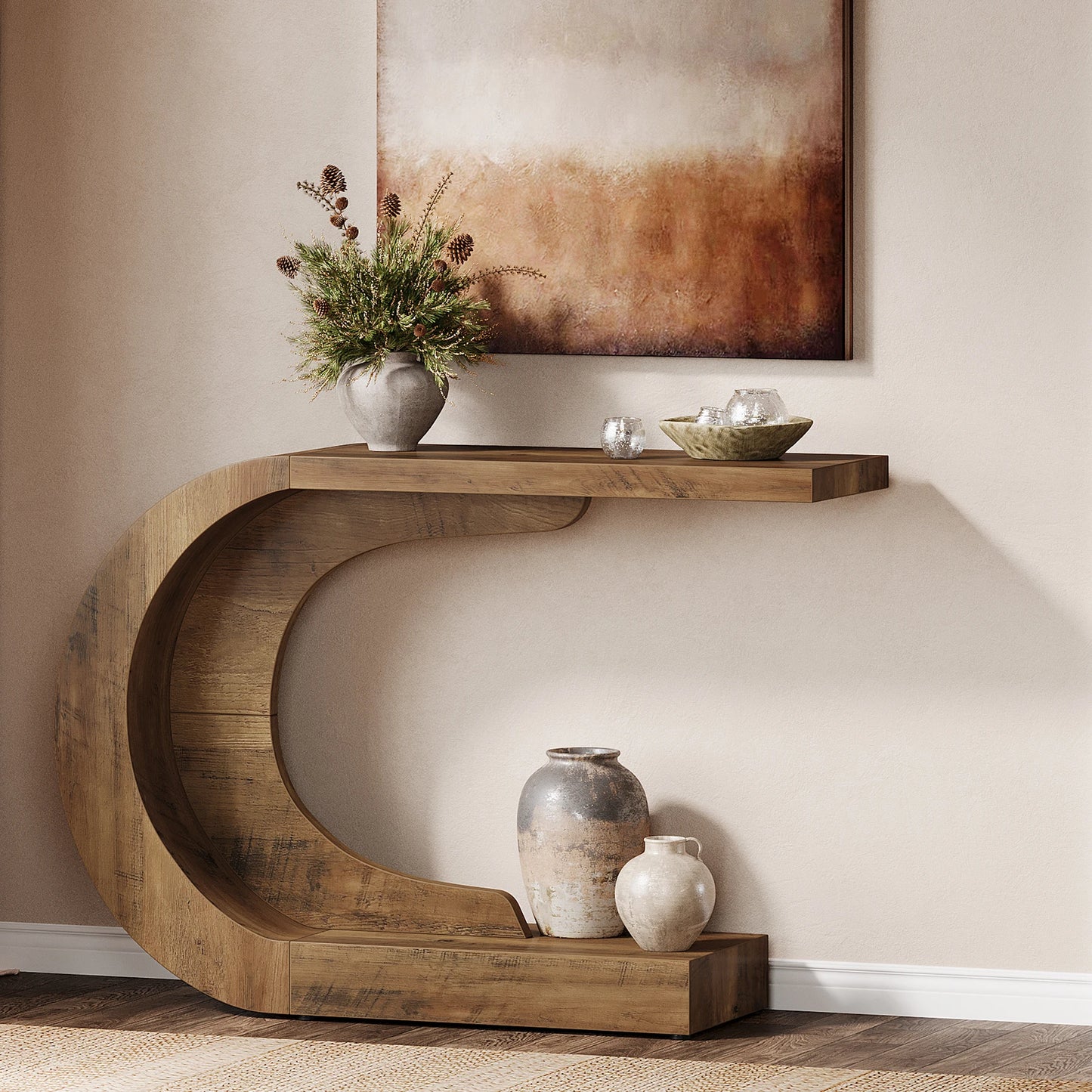 Wood C-Shaped Hallway Entry Accent Table