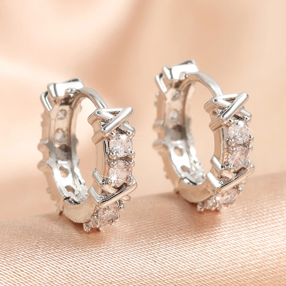 Vintage X-shaped Zircon Circle Hoop Earrings 18K Gold