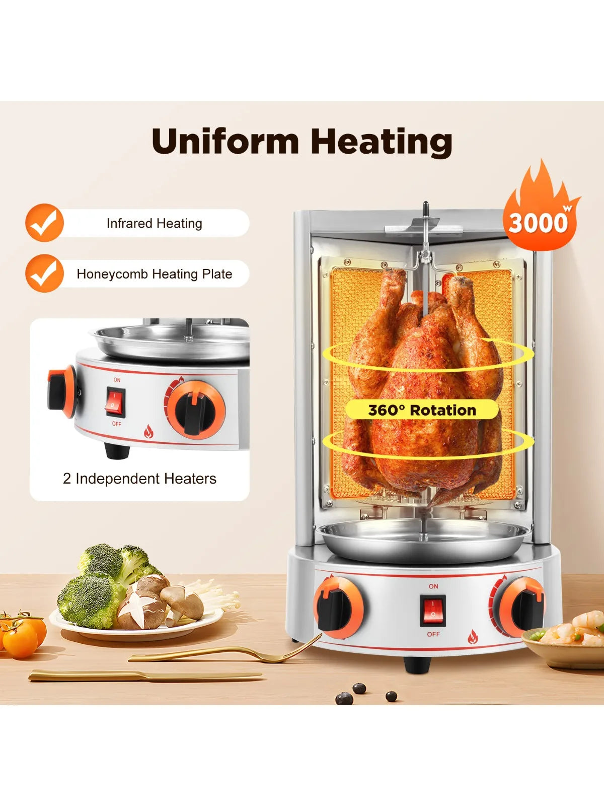 Electric Vertical  Gas Rotisserie Grill Broiler 360° rotating with 2 Burners