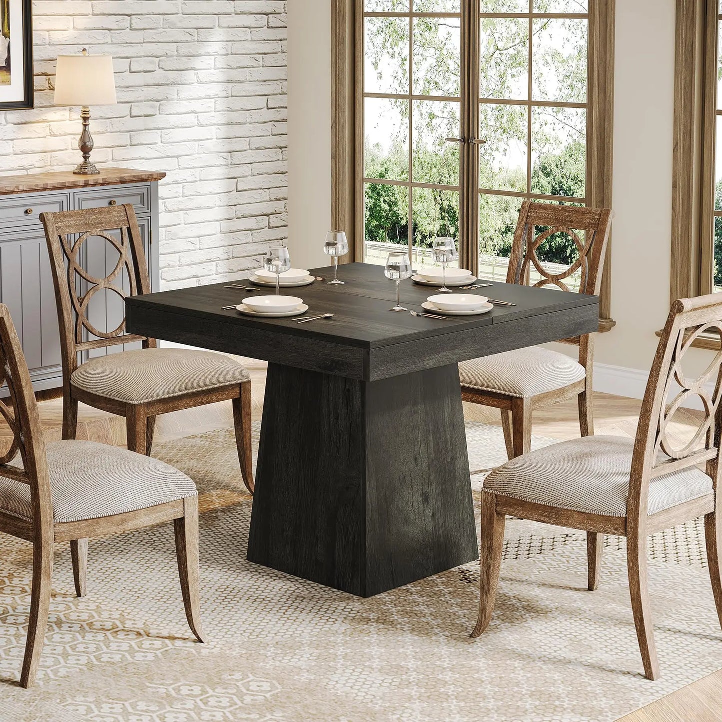 Square Dining Table with Sturdy Pedestal Base,