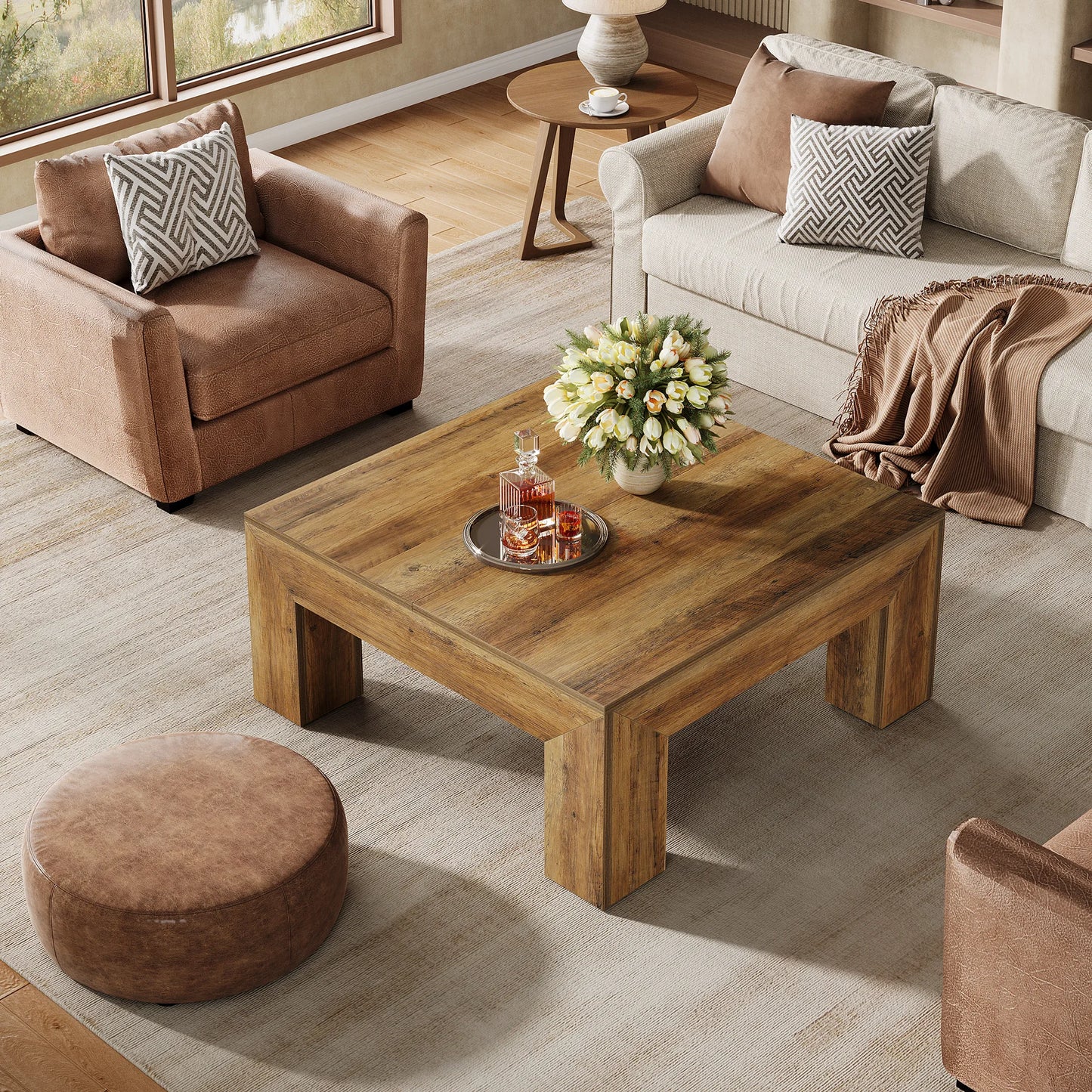 39.4-Inch Square Coffee Table  with Sturdy Wooden Legs