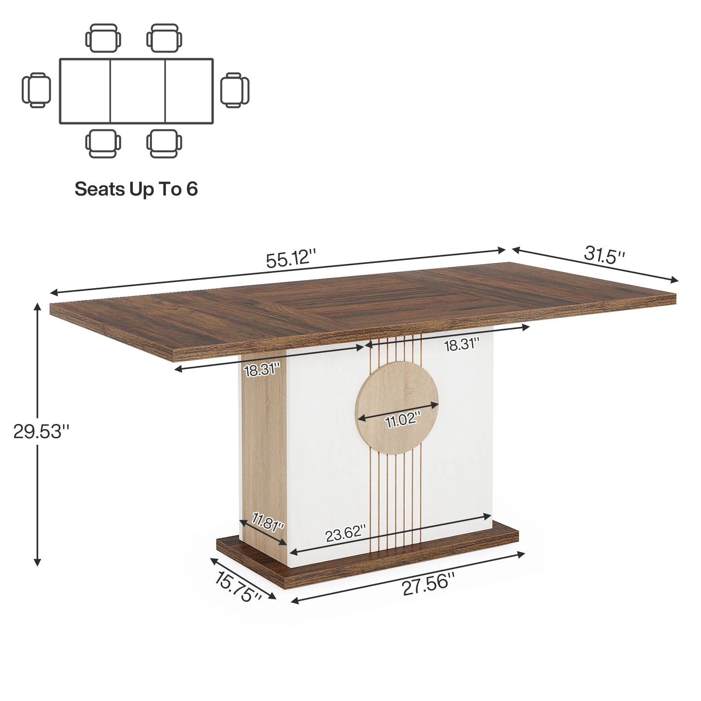 55" Rectangular Dining Table for 4 to 6 People,
