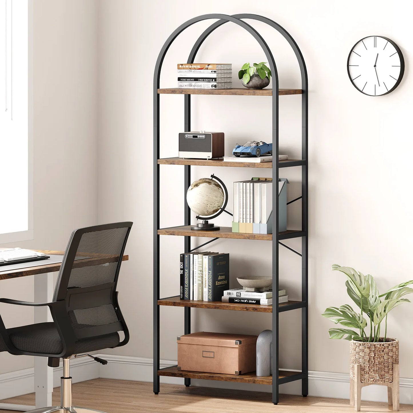 5-Tier Arched Bookshelf, Wooden Storage Shelving Units