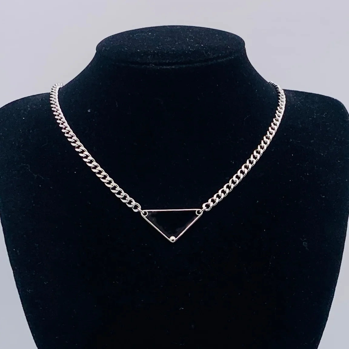 Rhinestone Triangle Pendant with Tassel Silver Tone