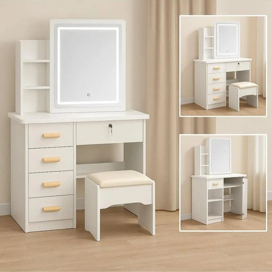Large Vanity Table Set with LED Mirror, 5 Drawers & Shelves,