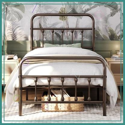 Victorian Style Metal Bed Frame With High Headboard. Bronze. Twin Size