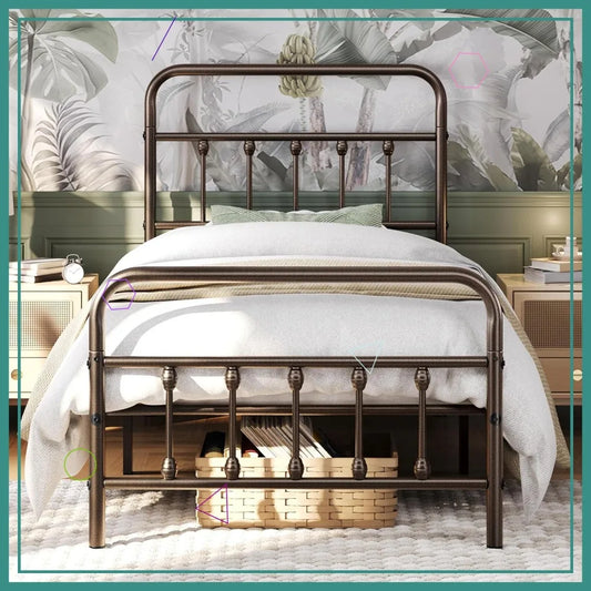 Victorian Style Metal Bed Frame With High Headboard. Bronze. Twin Size