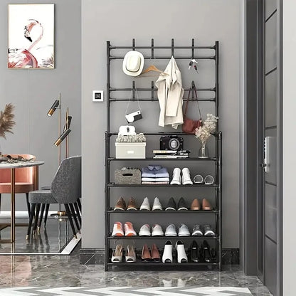 A Hallway Clothes And Shoe Rack  Storing Hats, And Umbrellas