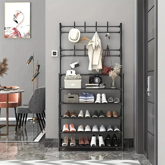 A Hallway Clothes And Shoe Rack  Storing Hats, And Umbrellas