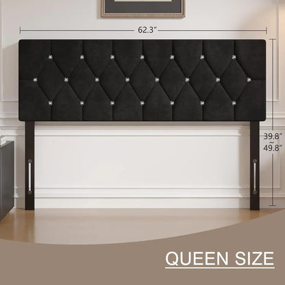 Queen Size Tufted Upholstered Headboard, Diamond Button Design,  Black