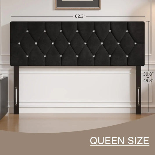 Queen Size Tufted Upholstered Headboard, Diamond Button Design,  Black