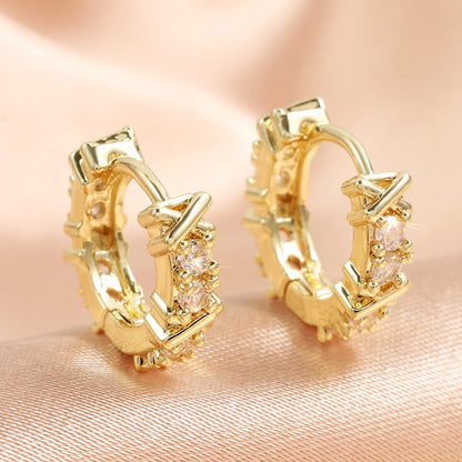 Vintage X-shaped Zircon Circle Hoop Earrings 18K Gold