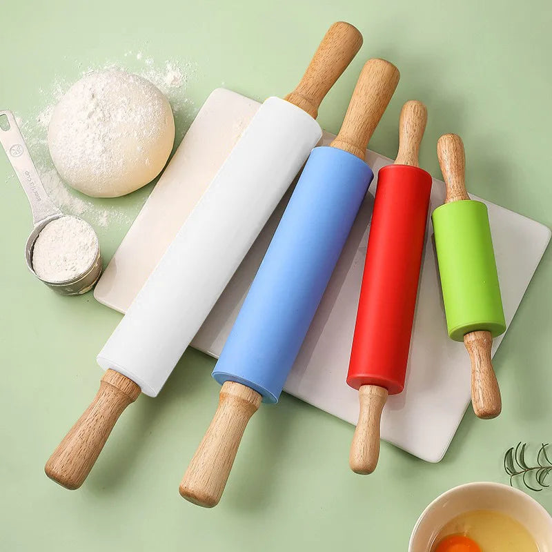 Non-Stick Silicone Rolling Pin Wooden Handle