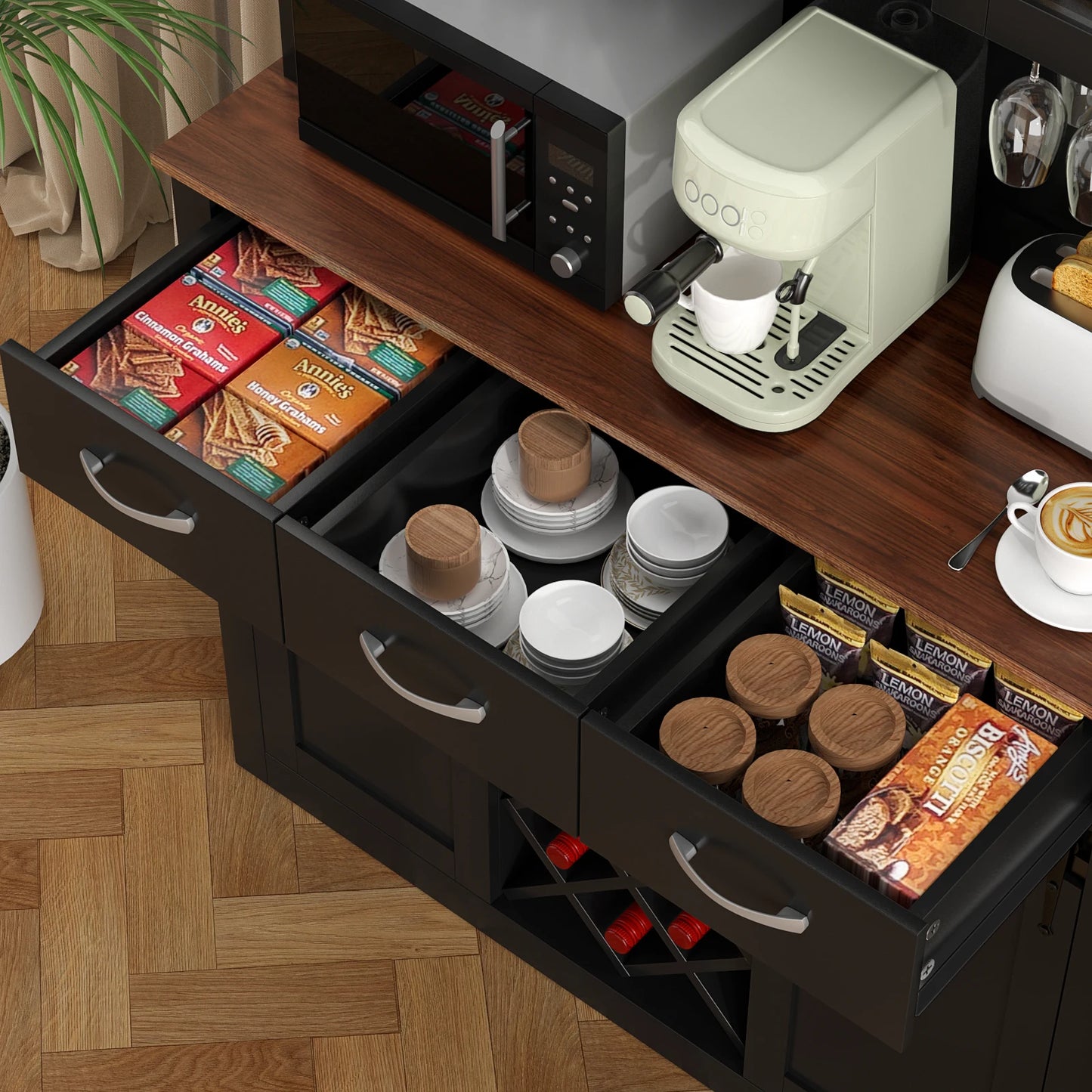 Kitchen Pantry Storage Cabinet with Wine & Glass Racks
