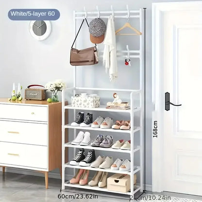 A Hallway Clothes And Shoe Rack  Storing Hats, And Umbrellas