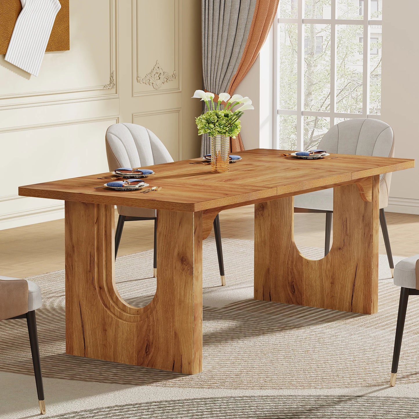 Dining Table for 6 to 8 People  with Wood Pedestal Base,