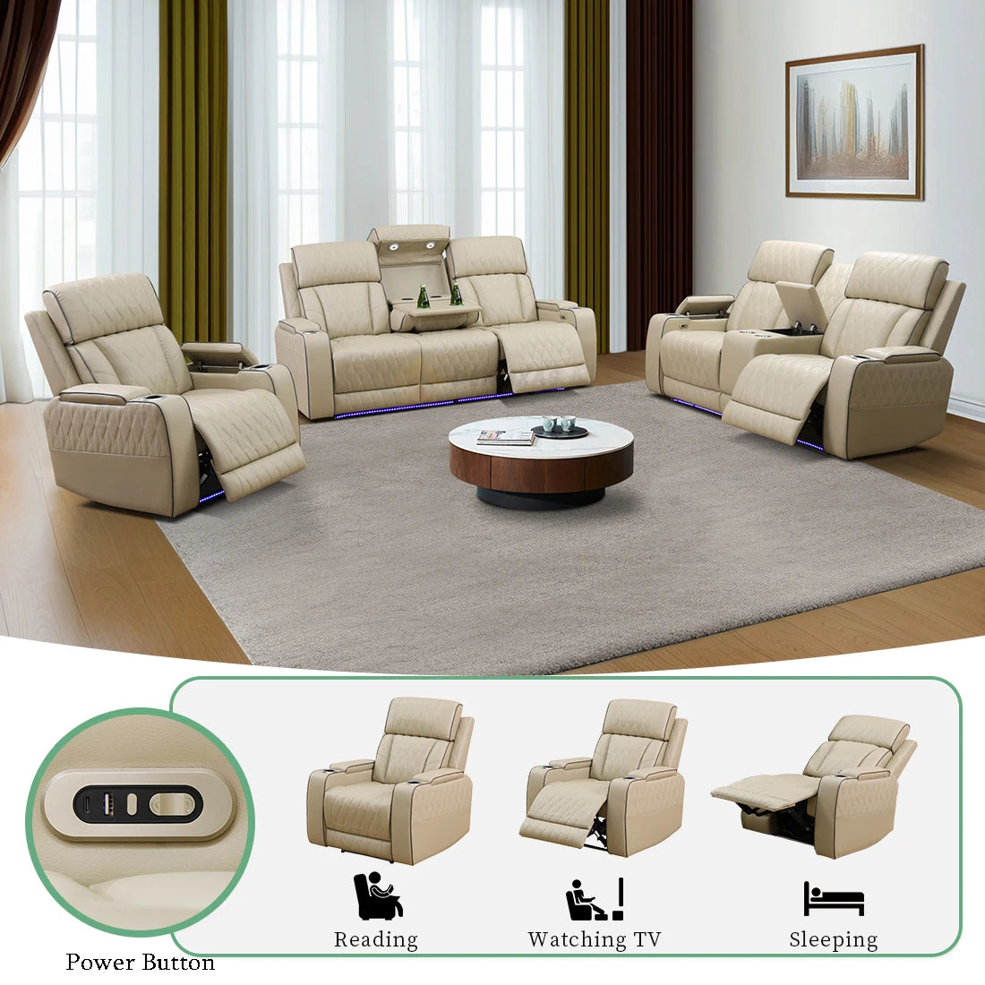 3PCS Power Recliner Sofa with Drop-Down Table Cup Holder