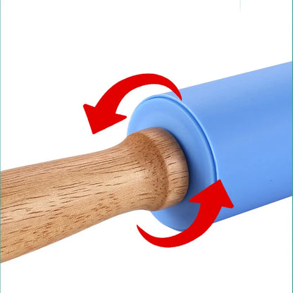 Non-Stick Silicone Rolling Pin Wooden Handle