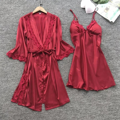 2PCS Female Lace Pajamas Set Satin Home Pyjamamas Lace Robe Sleep Suit V-Neck Wedding Nightwear Silk Dress Women Sleepwear