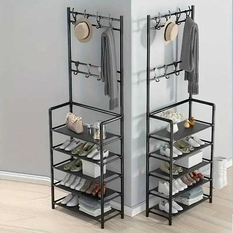 A Hallway Clothes And Shoe Rack  Storing Hats, And Umbrellas