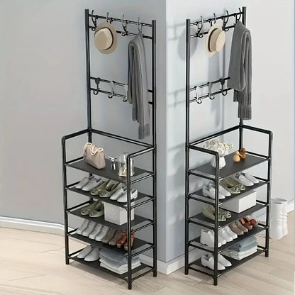 A Hallway Clothes And Shoe Rack  Storing Hats, And Umbrellas