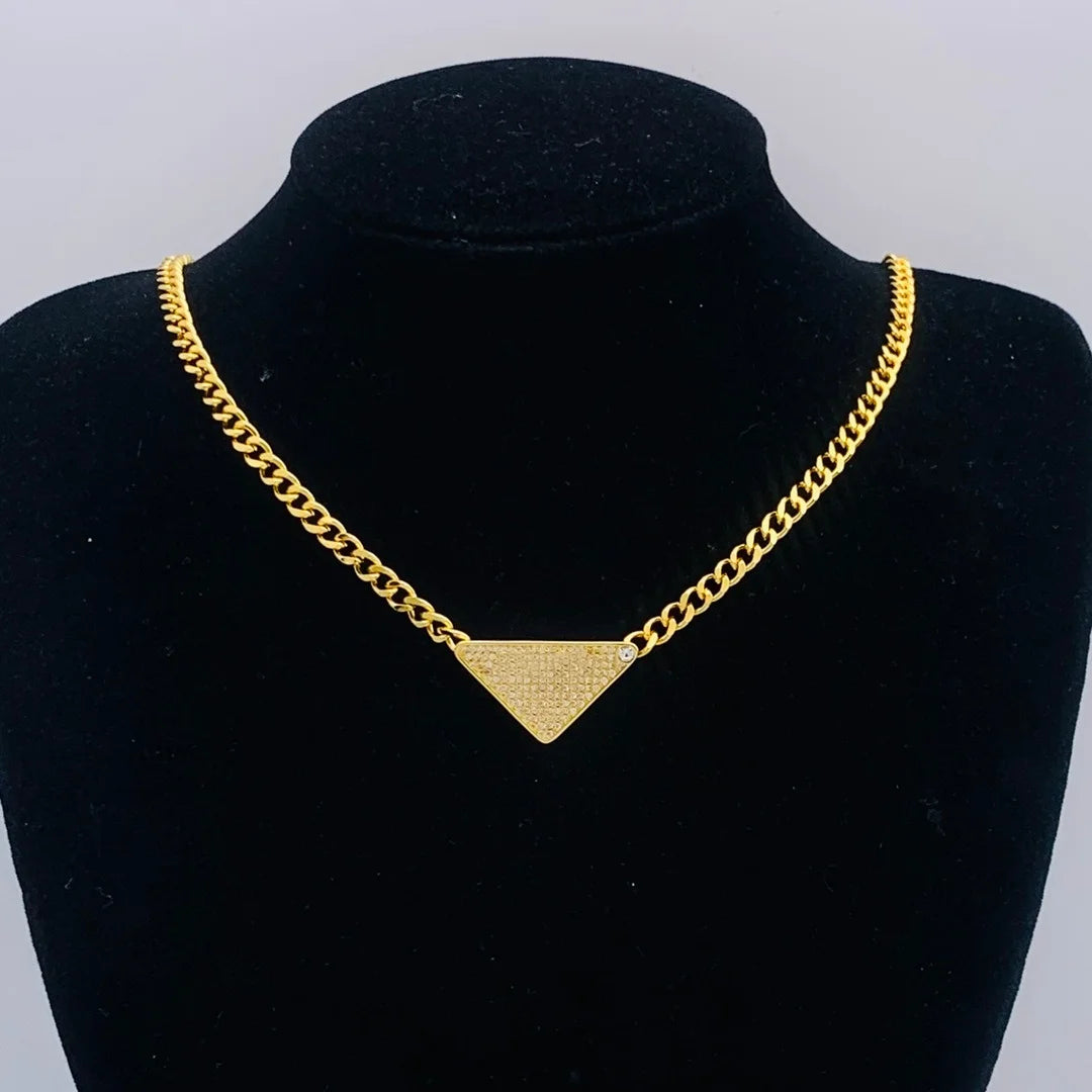 Rhinestone Triangle Pendant with Tassel Silver Tone
