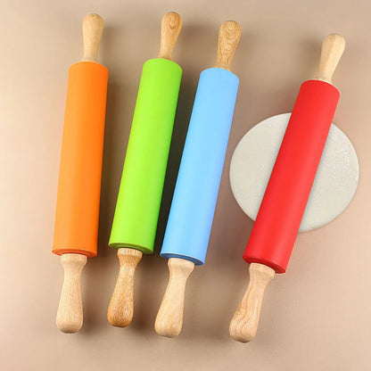 Non-Stick Silicone Rolling Pin Wooden Handle