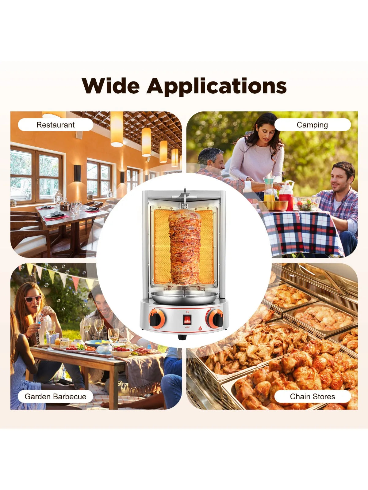 Electric Vertical  Gas Rotisserie Grill Broiler 360° rotating with 2 Burners