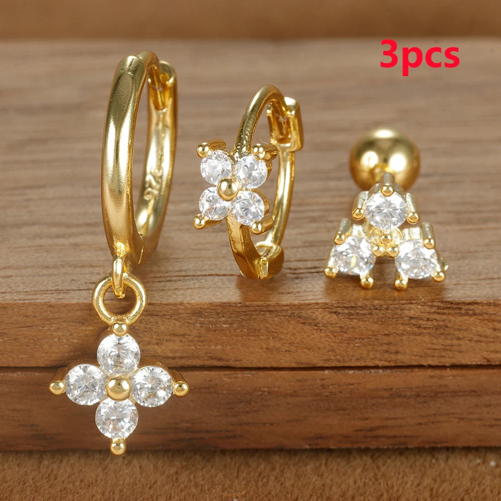 3PCS Helix Ear Piercing Earring Set for Women Zircon Stainless Steel