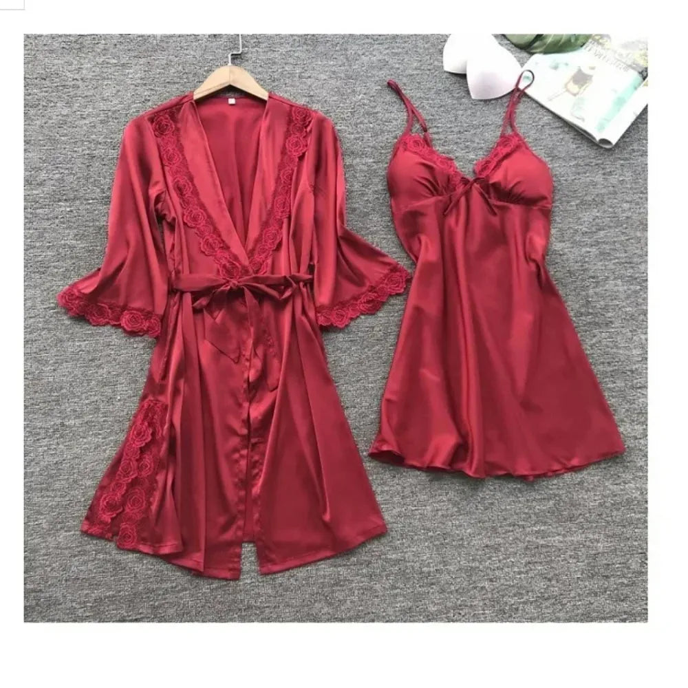 2PCS Female Lace Pajamas Set Satin Home Pyjamamas Lace Robe Sleep Suit V-Neck Wedding Nightwear Silk Dress Women Sleepwear