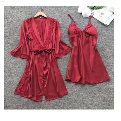 2PCS Female Lace Pajamas Set Satin Home Pyjamamas Lace Robe Sleep Suit V-Neck Wedding Nightwear Silk Dress Women Sleepwear