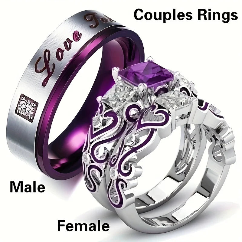 Luxury Rings Inlaid with Purple Couple Stainless Steel Engagement Ring