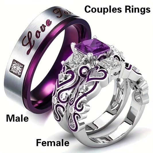Luxury Rings Inlaid with Purple Couple Stainless Steel Engagement Ring